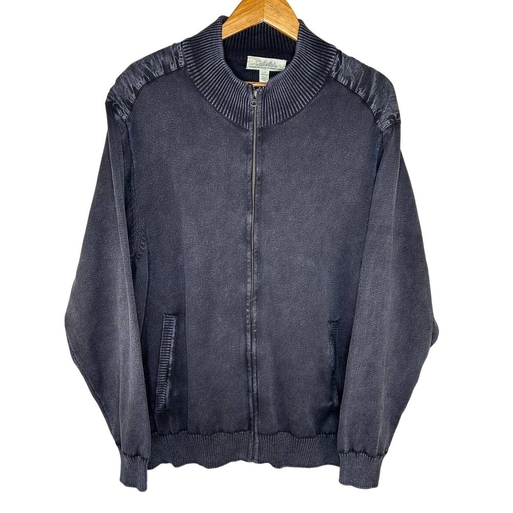 Cabela's Men's Cardigan Sweater SZ L Black Gray Grunge Mineral Wash Faded Look